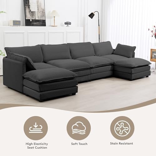 ROWHY 148'' Modular Sectional Cloud Couch with 2 Movable Ottomans, Oversized 6 Seat Modern Corduroy Sofas, Deep Seat U Shaped Couch for Living Room Bedroom Apartment,Dark Grey