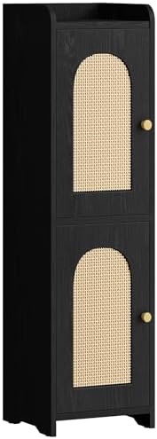 Hzuaneri Bathroom Storage Cabinet, Small Corner Floor Cabinet with 2 Doors | Narrow Toilet Paper Cabinets with Adjustable Shelf, Bathroom Organizer for Small Spaces, 7.9"D x 7.9"W x 29.5"H Rattan Black