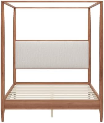 Merax Queen 4-Poster Wood Canopy Bed with Boucle Headboard, Walnut