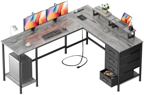 Korfile 66" L Shaped Computer Desk, 94.4'' Home Office Desk with Power Outlets, 4 Adjustable Storage Drawers & 2 Monitor Stands, Large Two Person Gaming Table for Writing Study, Grey