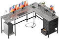 Korfile 66" L Shaped Computer Desk, 94.4'' Home Office Desk with Power Outlets, 4 Adjustable Storage Drawers & 2 Monitor Stands, Large Two Person Gaming Table for Writing Study, Grey