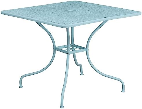 Flash Furniture 35.5" Square Patio Table with Umbrella Hole, Sky Blue