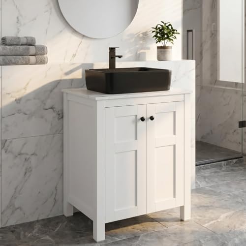 24 Inch White Bathroom Vanity with Marble Texture Top, Traditional Standing Pedestal Cabinet with Black Ceramic Sink