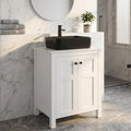 24 Inch White Bathroom Vanity with Marble Texture Top, Traditional Standing Pedestal Cabinet with Black Ceramic Sink