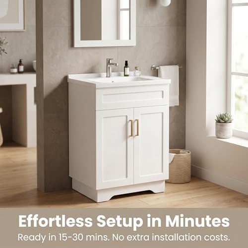 Smhxo Bathroom Vanity with Ceramic Sink, Bathroom Vanity Cabinet with 2 Doors, 24 Inches Wooden Cabinet with Sink, White