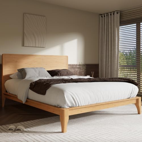 Merax Full Size Bamboo Platform Bed Frame with Tall Headboard, Natural