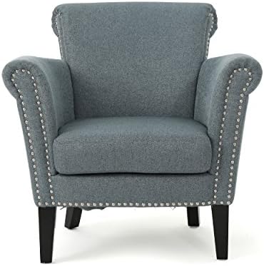 Christopher Knight Home Brice Vintage Scroll Arm Studded Fabric Club Chair, Steel Blue / Dark Brown