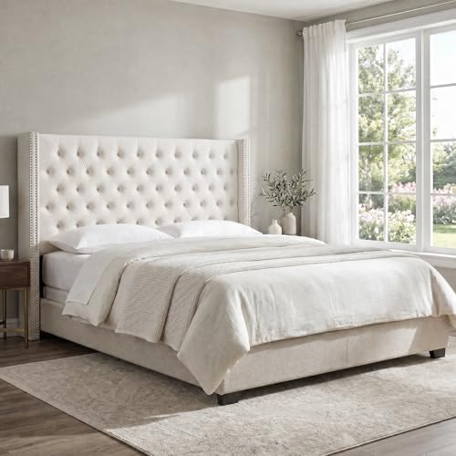 Madison Park King Wingback Upholstered Tufted Headboard, Featuring High-Density Sponge Padding, Adjustable Height Headboard, Easy Assembly, Beige Velvet