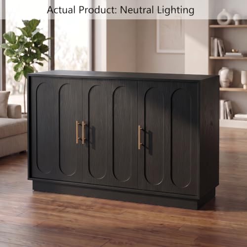 holzart 46.6" Modern Farmhouse 3 Door Storage Cabinet, Black Sideboard Buffet with Gold Handles, Large Fluted Wood Credenza for Dining Room, Living Room, Coffee Bar