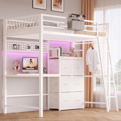 Decofy Twin Loft Bed with Desk and 6 Storage Drawers, Metal Twin Size Loft Beds with Charging Station & LED Lights, Bed Frame with Hanging Rod, Safety Ladder & Guardrail, Bedside Caddy for Kids, Teens
