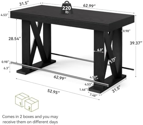 LITTLE TREE 63" Bar Table, Pub Table with Metal Footrest (Black,2)