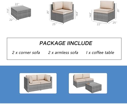 Shintenchi 5 Piece Outdoor Patio Furniture Set with Silver PE Rattan, Khaki