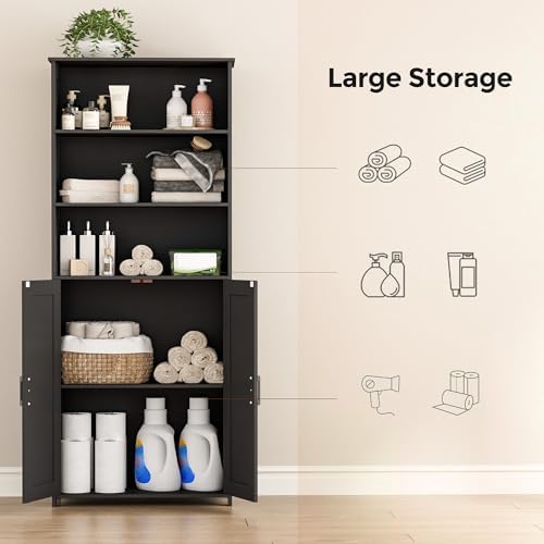 Homhedy 67" Tall Bathroom Storage Cabinet, Bathroom Floor Cabinet | Freestanding Farmhouse Cabinet with Doors and Adjustable Shelf, Linen Cabinet for Bathroom, Living Room, Laundry Room, Black