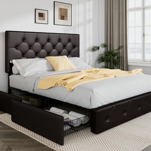 Allewie Full Size Storage Bed Frame with 4 Underbed Drawers, Upholstered Platform Bed with Adjustable Headboard, Diamond Button Tufted, Easy Assembly, Noise-Free, No Box Spring Needed, Brown
