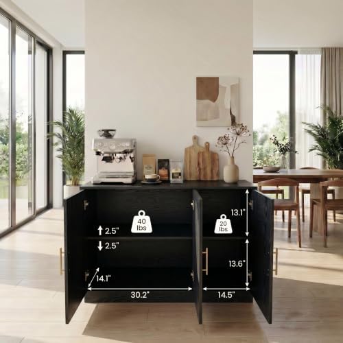 holzart 46.6" Modern Farmhouse 3 Door Storage Cabinet, Black Sideboard Buffet with Gold Handles, Large Fluted Wood Credenza for Dining Room, Living Room, Coffee Bar