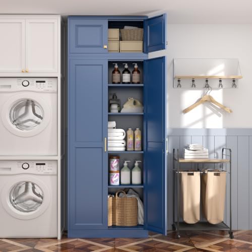 Steeloong 86"Metal Pantry Storage Cabinet with Doors & 4 Adjustable Shelves | Kitchen Pantry Cabinet,Blue Kitchen Cabinet with 4 Gold Handles,Tall Cabinet for Livingroom,Pantry, Bathroom,Kitchen,Garage
