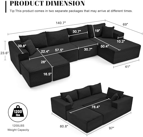 Mangodan 140” Cloud Sectional Couch, Boneless Sofa for Living Room, Modular Sectional Sofa with Deep Seat, Comfy Fluffy U-Shaped Couch with Right-Facing Chaise, No Assembly Required, Black