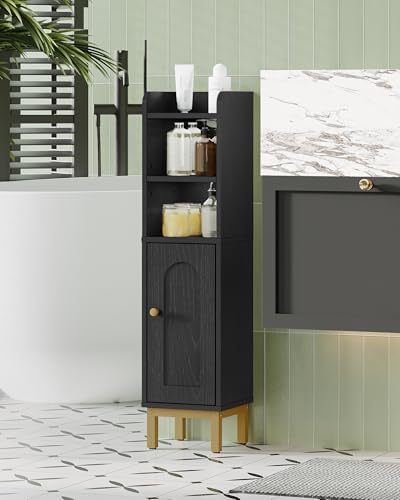 Hzuaneri Bathroom Storage Cabinet, Small Corner Floor Cabinet | Narrow Toilet Paper Holder, Bathroom Organizer with Adjustable Shelf, 2 Doors, for Small Spaces, Black BC08206X