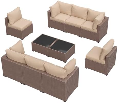 Aoxun 10 Piece Patio Furniture Set Wicker Rattan Patio Sectional Sofa Set Outdoor Seating Furniture with Thickened Cushion, Brown