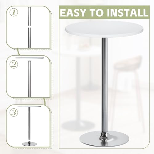 Flamaker Round Bistro Pub Table Modern Style Metal Base MDF Top Cocktail Bar Table Counter Bar Height for Pub, Dining Room, Party (1, White-Silver)