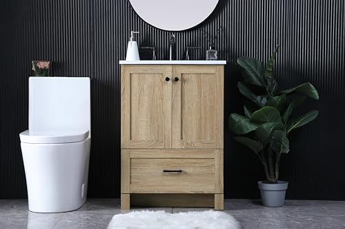 24" Pre-Assembled Bathroom Vanity with Sink, MDF Engineered Wood, Ivory White Engineered Marble Countertop Attached, Single Rectangle Porcelain Sink, 1 Soft-Close Drawers, Mango Wood