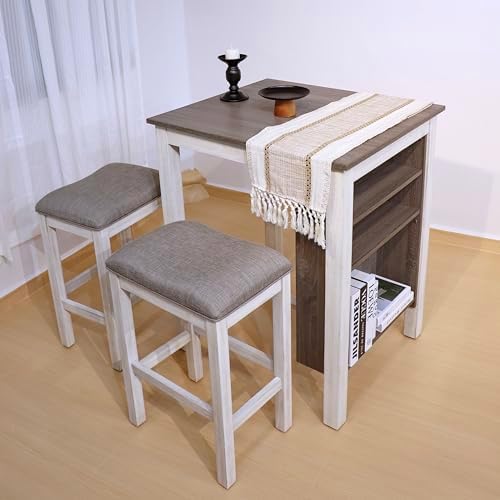 3-Piece Wooden Dining Table Set, Kitchen Island with Seating for 2, Kitchen Bar Table with Stools, Counter Height Dining Table Set, Rustic Gray Antique White, Farmhouse Style