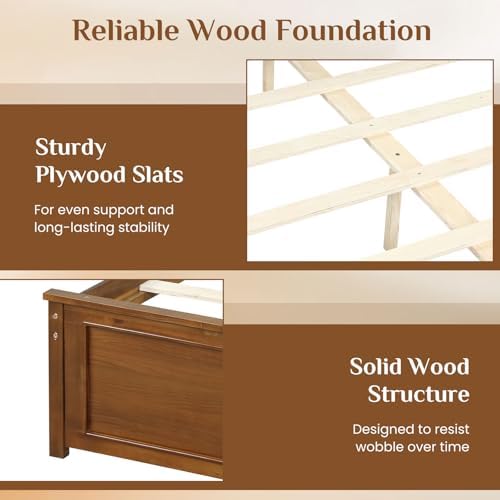 Giantex Wood Full Size Bed Frame with Headboard, Farmhouse Solid Platform Bed w/Wooden Slat Support Mattress Foundation, Under-Bed Storage, No Box Spring Needed, Walnut