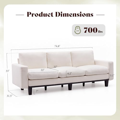 AMERLIFE 3 Seater Sofa, Deep Seat Couch with Metal Support, Chenille Cream