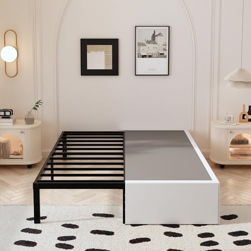 Maenizi 14 Inch King Size Bed Frame with White Fabric Cover, Heavy Duty King Platform Bed Frame Support Up to 3000 lbs, No Box Spring Needed, Easy Assembly, Noise Free, Black