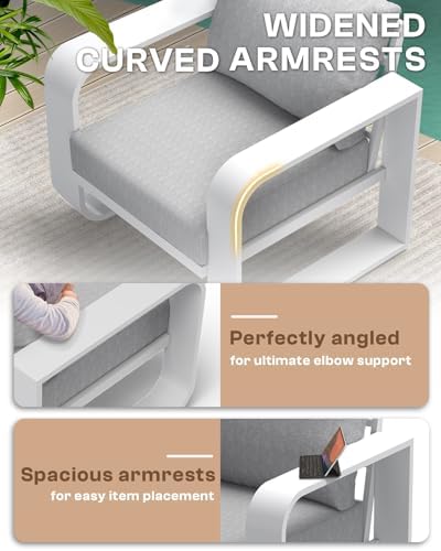 Oversized Aluminum Outdoor Furniture Set, Extra Large Patio Furniture Sofa Set 4.8” Widened Armrest & Ultra-Thick Cushions, 5 Pcs Modern Patio Sectional for Backyard, Porch, White