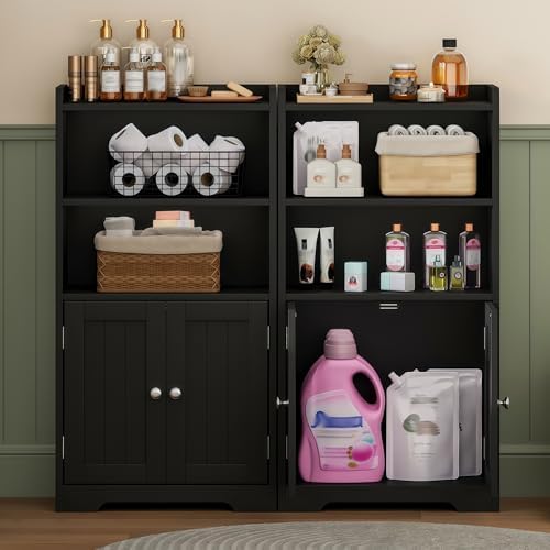 ChooChoo Small Bathroom Storage Cabinet with 2 Door and Shelves | Narrow Toilet Paper Cabinet, Freestanding Bathroom Floor Cabinet and Organizers for Small Spaces, Black