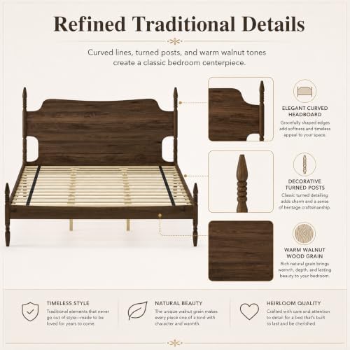 King Farmhouse Wood Platform Bed Frame with Headboard, Walnut Poster Bed