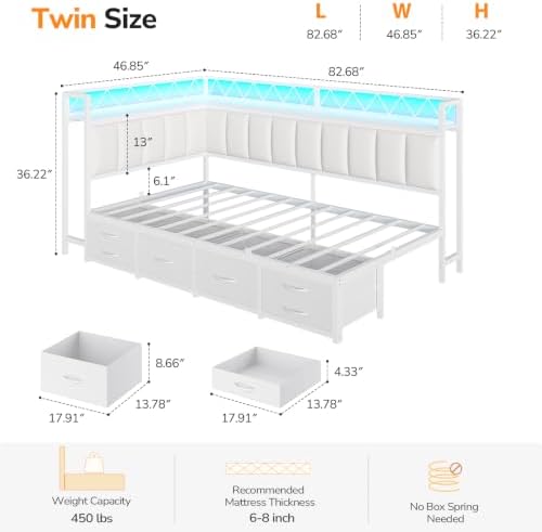 Twin Corner Bed Frame with 6 Storage Drawers, Charging Station & Led Lights