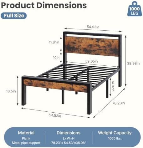 Sweetcrispy Full 14 Inch Platform Bed Frame with Headboard & Storage, Rust