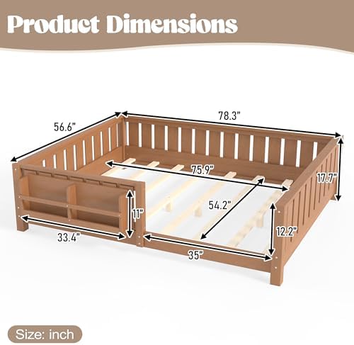 Bellemave Full Floor Bed with Slats and Rails, Full Size Montessori Floor Bed with Bookcase and Fence, Easy Assemble Montessori Beds for Girls, Boys, Natural Floor Beds