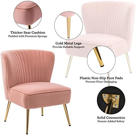 HULALA HOME Velvet Accent Chair, Modern Upholstered Cute Side Chair with Gold Metal Legs, Armless Wingback Slipper Chair Comfy Living Room Chair for Bedroom Guest Room Vanity,Pink