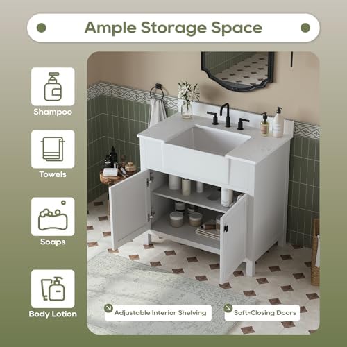 36 Inch Bathroom Vanity with Apron Farm Sink, White | Solid Wood Fully Assembled Bathroom Sink Cabinet, Farmhouse Single Sink Bathroom Vanity with Soft Close Doors, Stone Top