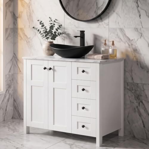 32 Inches White Bathroom Vanity with Marble Texture Top and 4 Drawers, Modern Standing Pedestal Cabinet with Black Boat Ceramic Sink