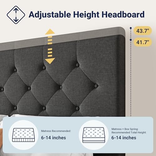 Allewie Queen Size Storage Bed Frame with 4 Underbed Drawers, Upholstered Platform Bed with Adjustable Headboard, Diamond Button Tufted, Easy Assembly, Noise-Free, No Box Spring Needed, Dark Grey