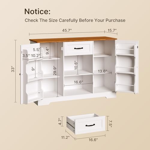 Gizoon 45" Kitchen Sideboard Buffet Cabinet with Storage, White and Rustic