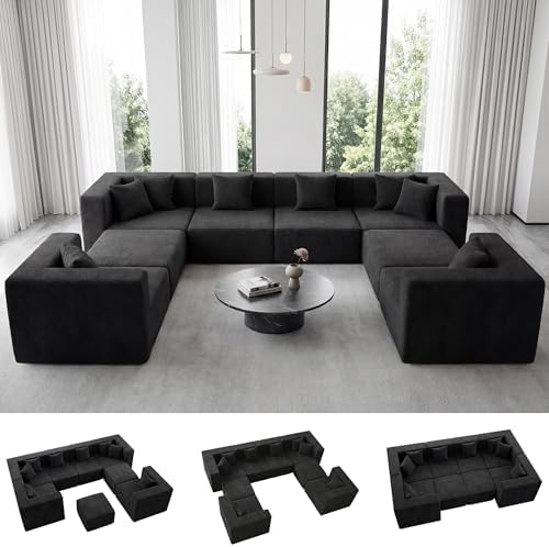 MONVANE Oversized U-Shaped 8 Seat Modular Sectional Sofa, Jet Black