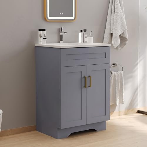 24 Inch Bathroom Vanity with Sink, Bathroom Storage Vanity Cabinet for Small Space, Bathroom Vanity with 2 Doors, Modern Freestanding Vanity Sink (Grey)