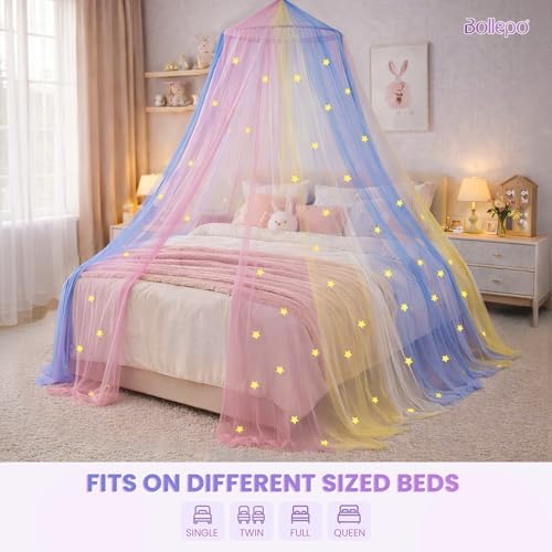 Bollepo Bed Canopy for Girls with Glowing Stars - Canopy Bed Curtains | Fits Single, Twin, Full, Queen Size Kids - Princess Bed Canopy | Rainbow Bedroom Accessories, Netting Room Decor, Ceiling Tent