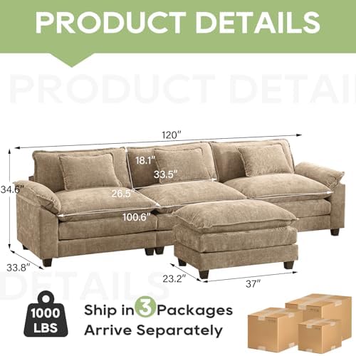 Oprisen 120" Modular Sectional Sofa, Comfy Deep Cloud Couch with Ottoman