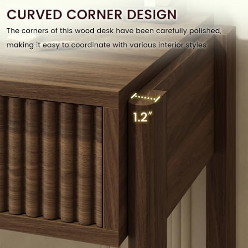 34 Inch Small Fluted Computer Desk with Drawer for Bedroom, Home Office
