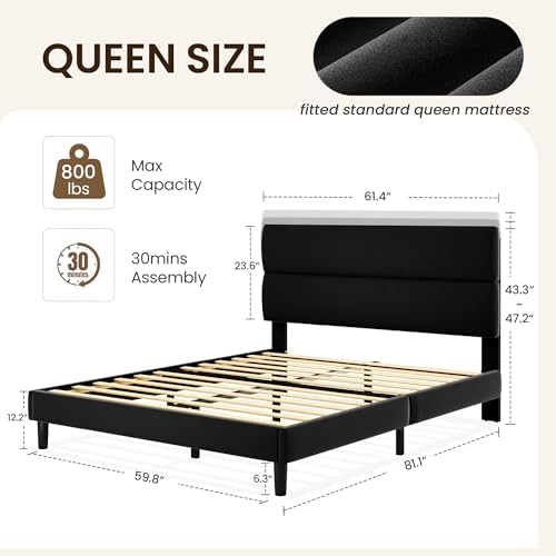 GRUSIGN Queen Size Platform Bed Frame with Velvet Headboard, Adjustable Height Wooden Slats Support, Upholstered Mattress Foundation, Fits Mattress or Mattress with Box Spring, Easy Assembly, Black