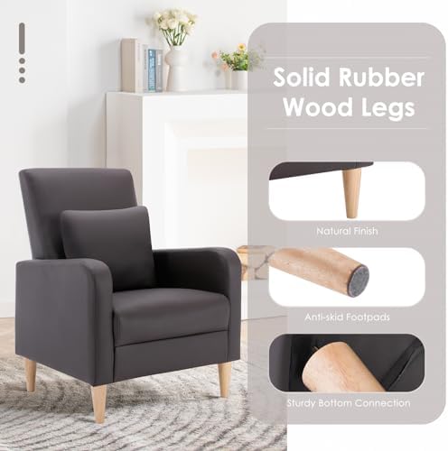 COLAMY Mid-Century Modern Accent Chairs Set of 2, Faux Leather Upholstered Living Room Chairs with Back Pillow & Solid Wood Legs, Comfy Armchair for Living Room, Bedroom, Single Sofa, Dark Brown