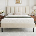 VECELO Full Size Bed Frame with Upholstered Headboard, Pale Beige