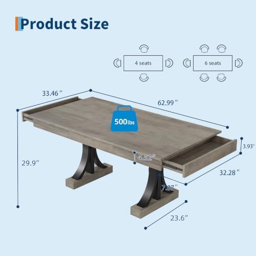 Garvee Farmhouse Dining Table for 4-6, 63-Inch Dining Table