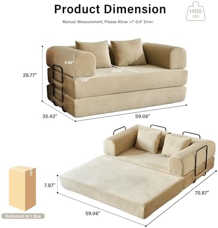 59" Convertible Sofa Bed, Boneless Sleeper Futon Couch for Small Spaces